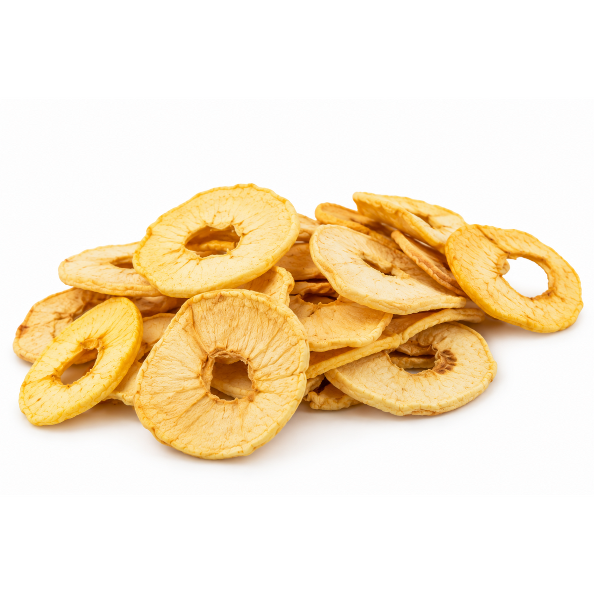 A pile of dried apple slices with a golden-yellow color, arranged on a clean white background.