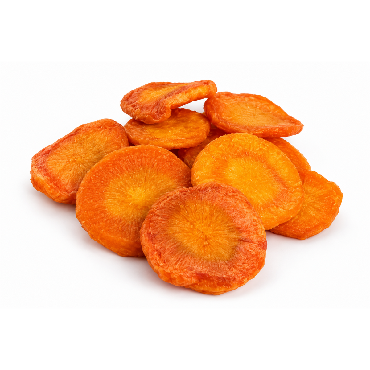 Vibrant orange dehydrated carrot slices with a light, crispy texture by La Belge.