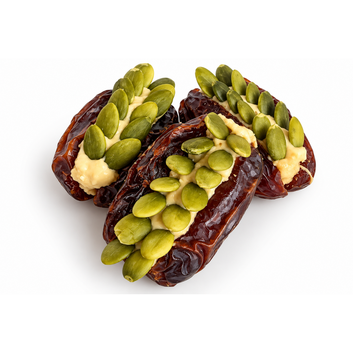 Three stuffed dates arranged on a white background, filled with a pale cream-colored paste and topped with green pistachio halves.