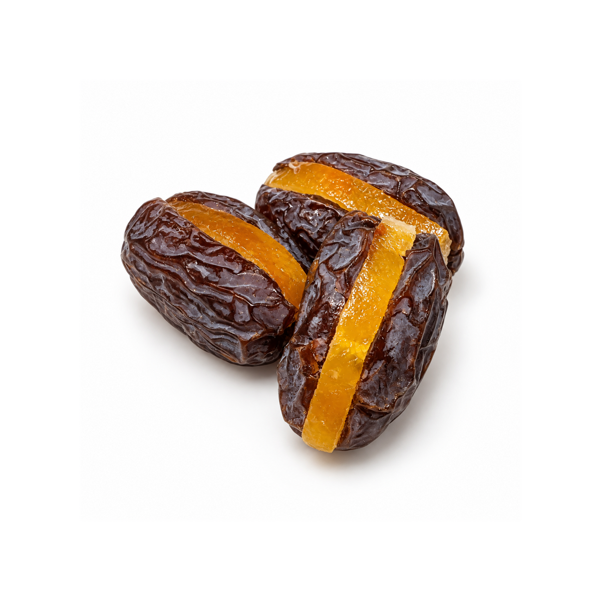 Premium Medjool dates filled with natural dried orange pieces by La Belge