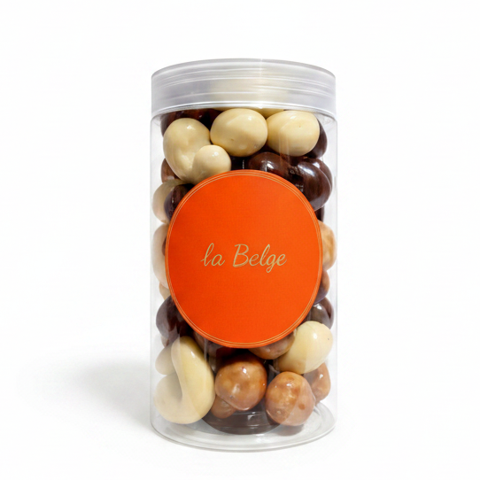 La Belge premium Belgian chocolate coated cashew mix presented in a clear gift jar.