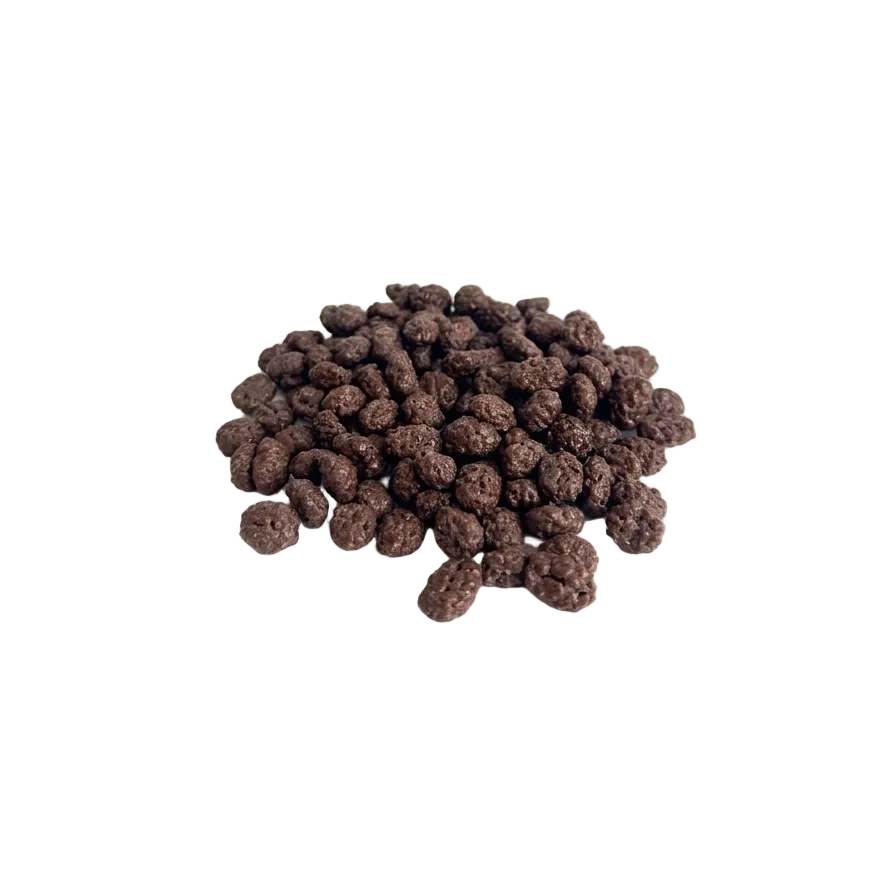 Premium roasted coffee beans coated in smooth Belgian milk chocolate on a white background.