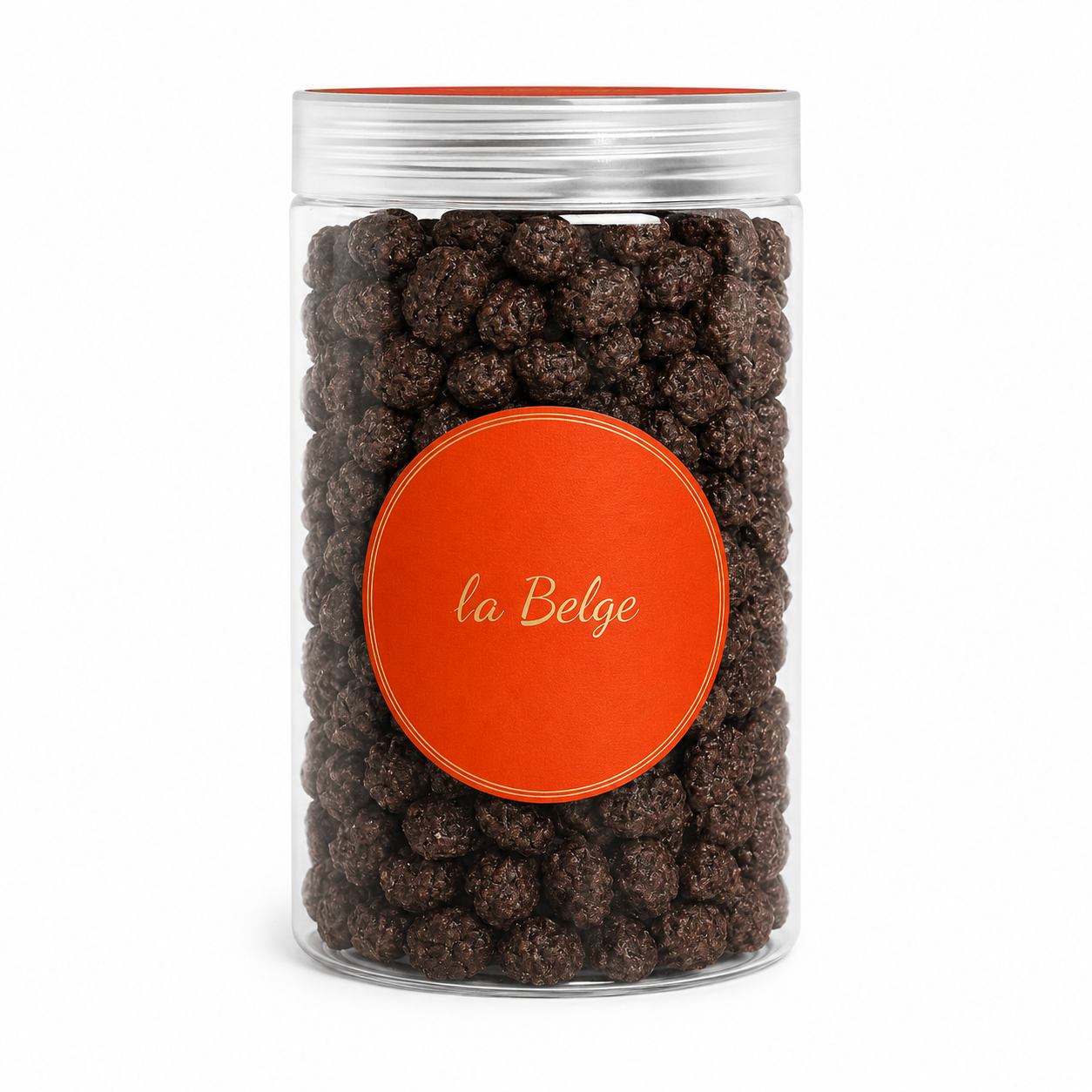 La Belge jar filled with premium roasted coffee beans coated in smooth Belgian milk chocolate.