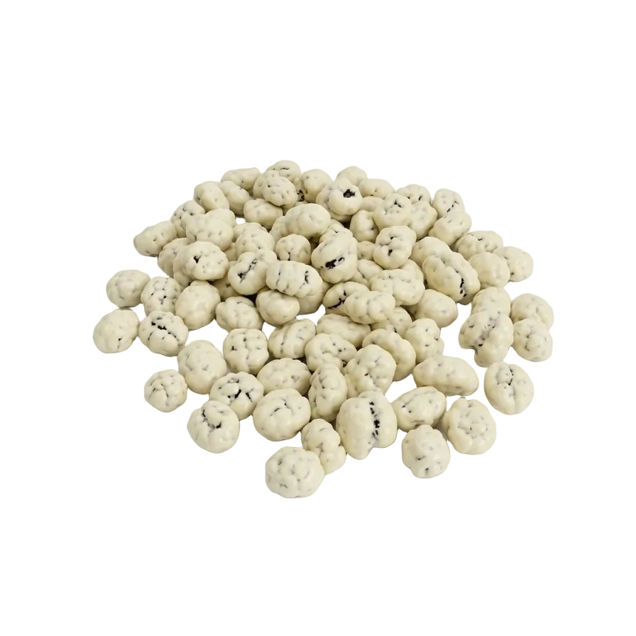 Premium roasted coffee beans coated in smooth Belgian white chocolate on a white background.