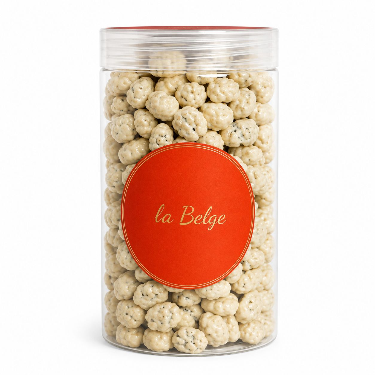 La Belge jar filled with premium roasted coffee beans coated in smooth Belgian white chocolate.