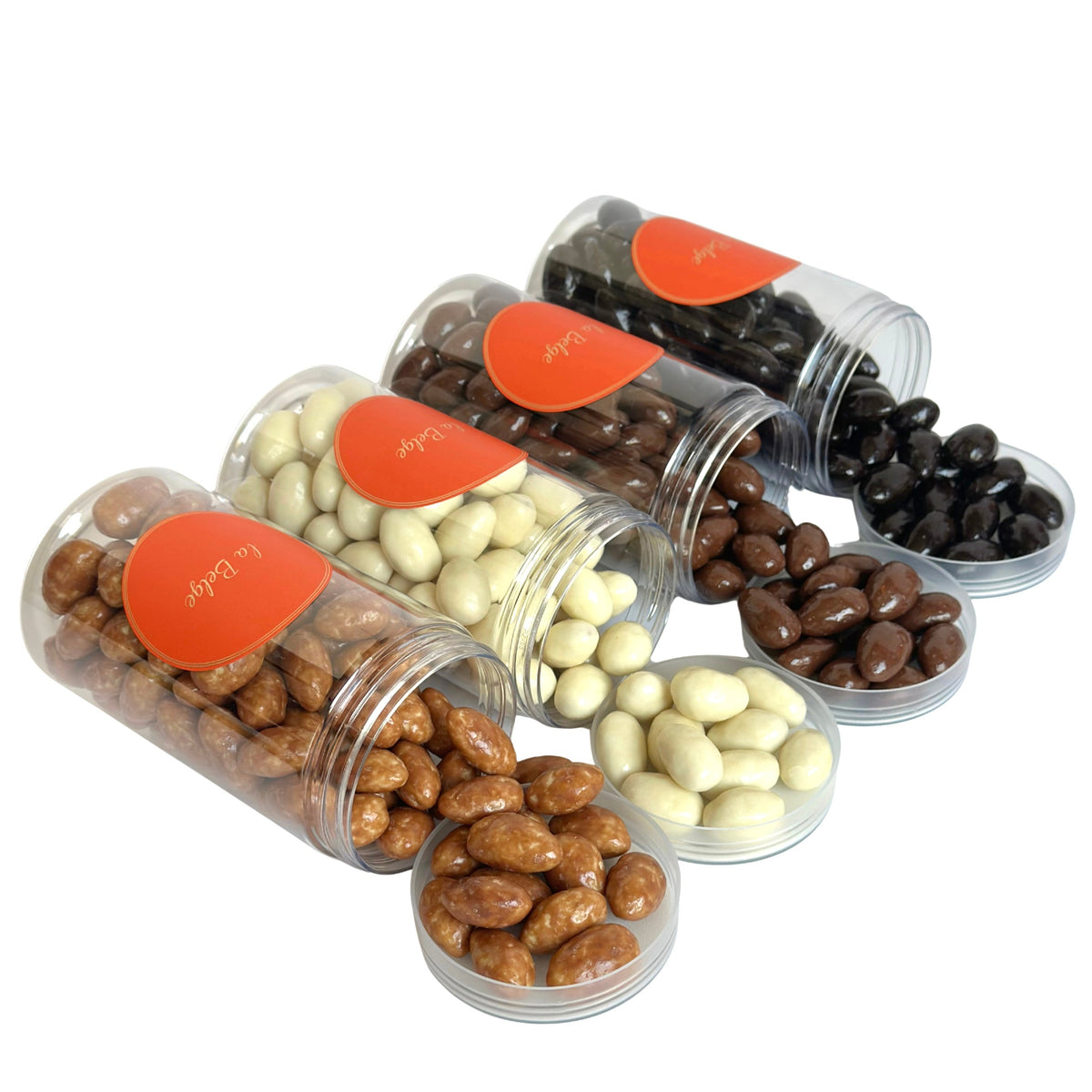 La Belge Almond Lovers Selection with caramel, milk, white and dark chocolate covered almonds