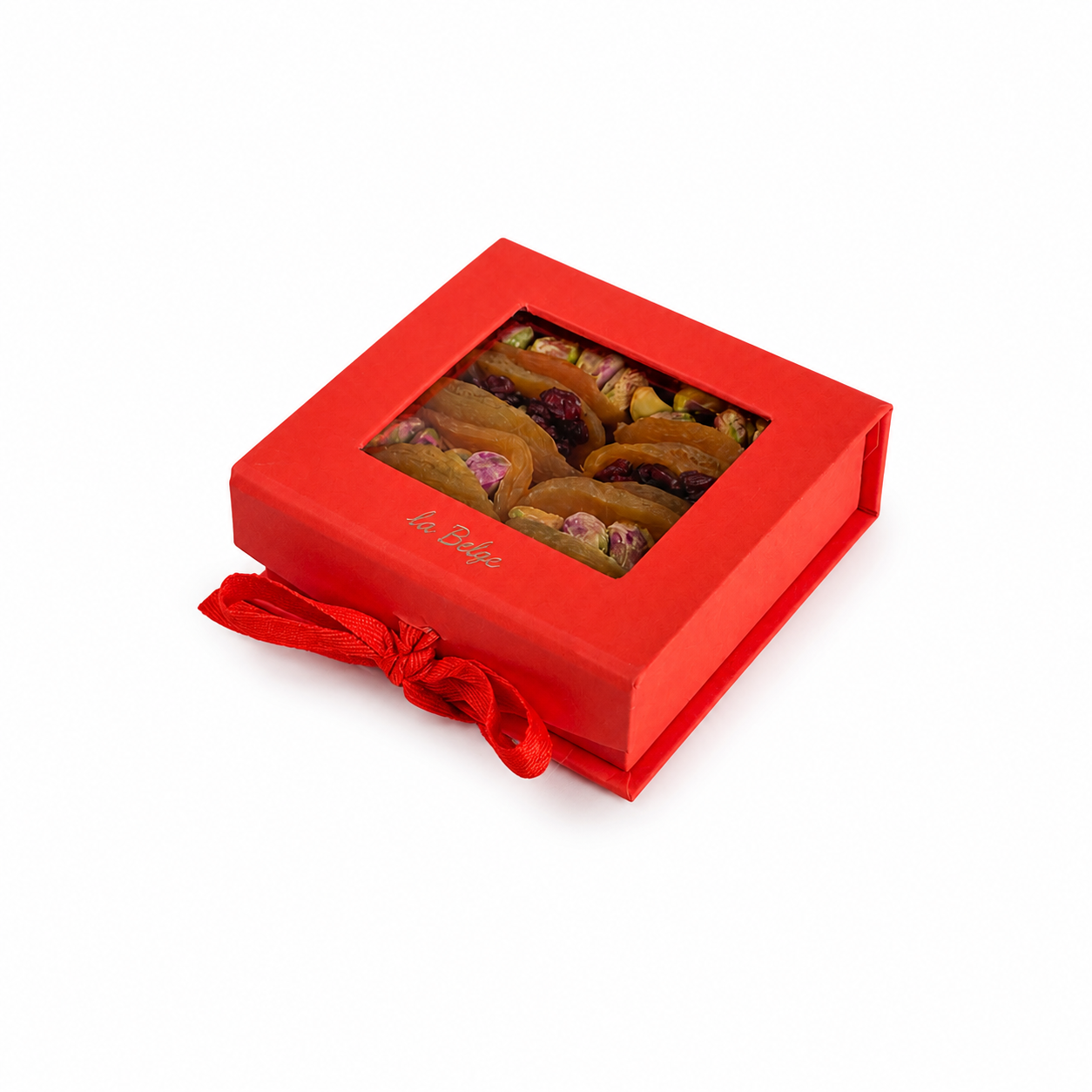 Closed luxury favor box of apricot pistachio pomegranate La Belge