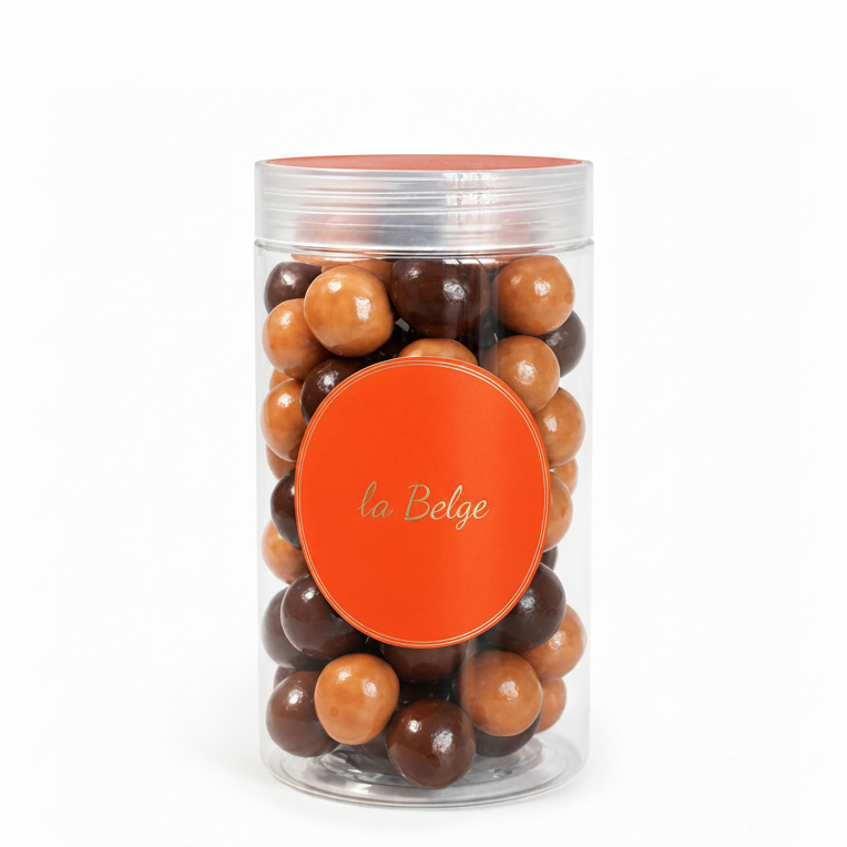 Premium coated hazelnuts by La Belge, mixed chocolate selection in elegant jar