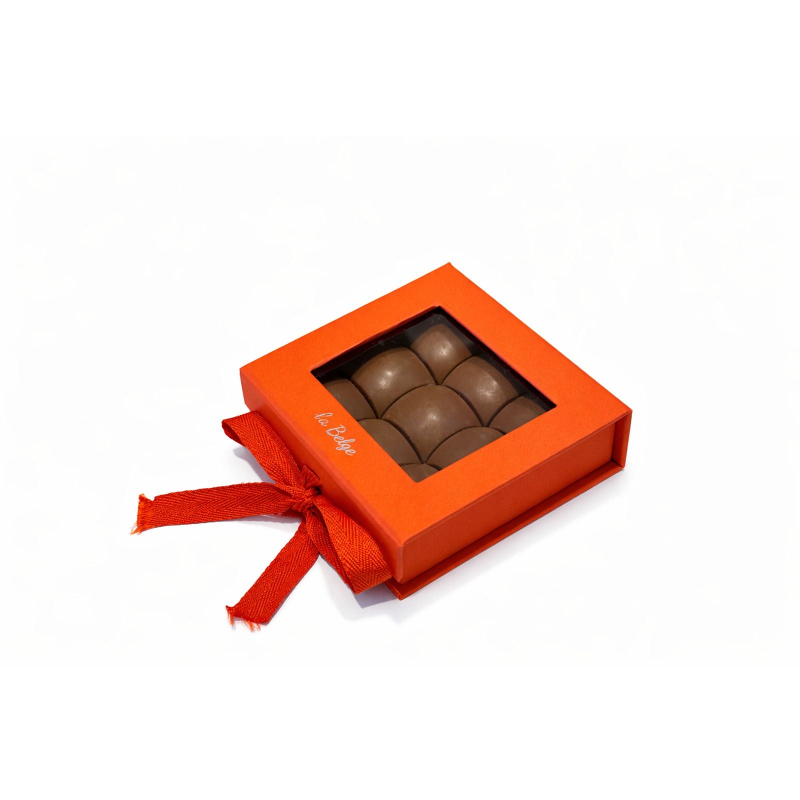 La Belge luxury orange gift box with Belgian pistachio chocolates inside