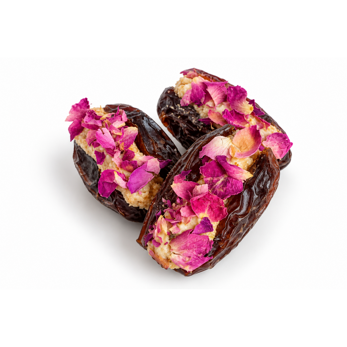 Medjool dates filled with natural tahini, cardamom and rose petals by La Belge