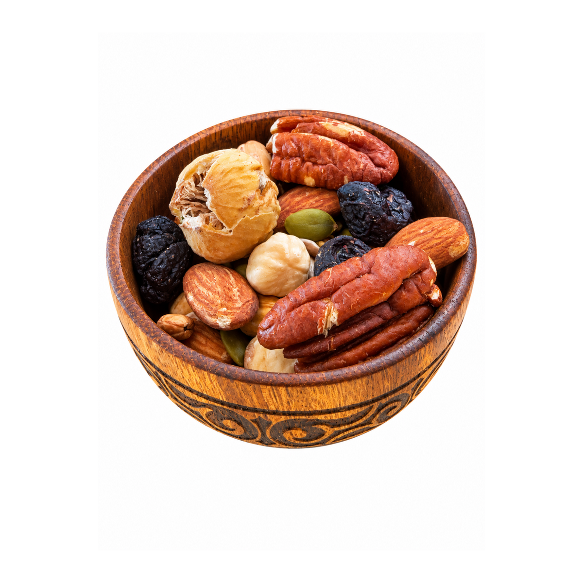 La Belge healthy mix featuring roasted almonds, pistachios, cashews, pecans, dried figs, raisins, blueberries, pumpkin seeds and chia seeds.