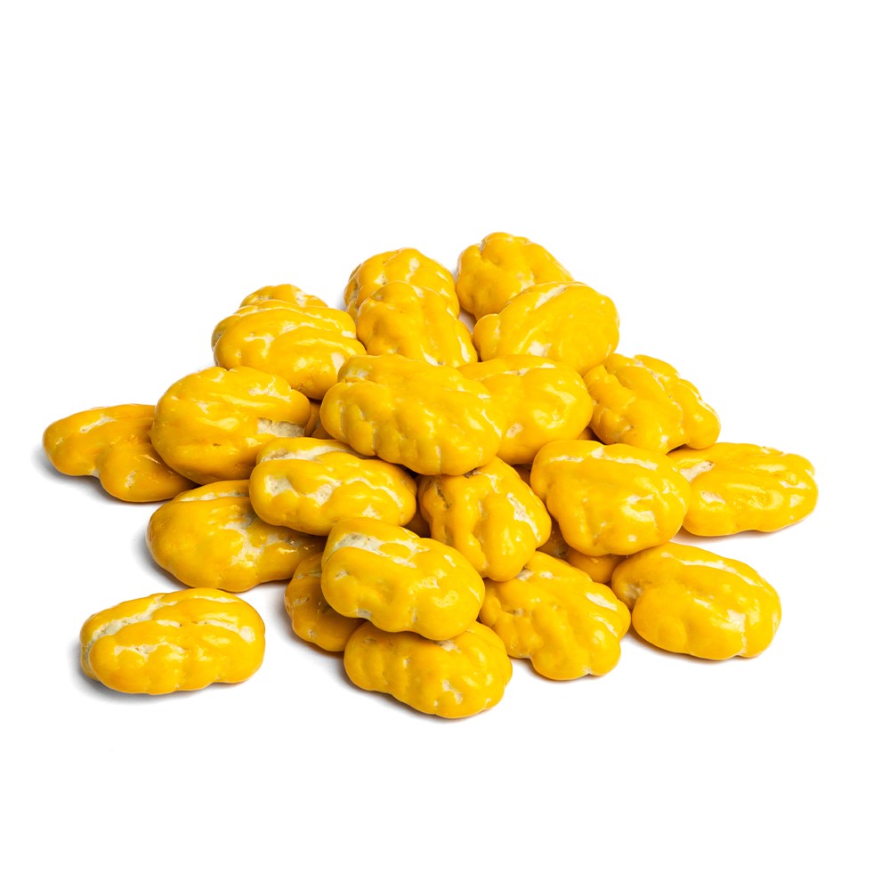 Premium roasted pecans coated in Belgian banana chocolate by La Belge.